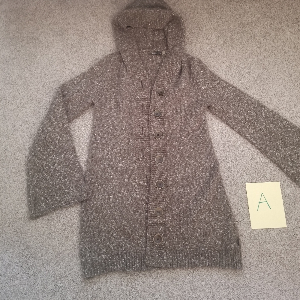 Womens Prana XS long sweater cardigan with chunky buttons and bell sleeves.